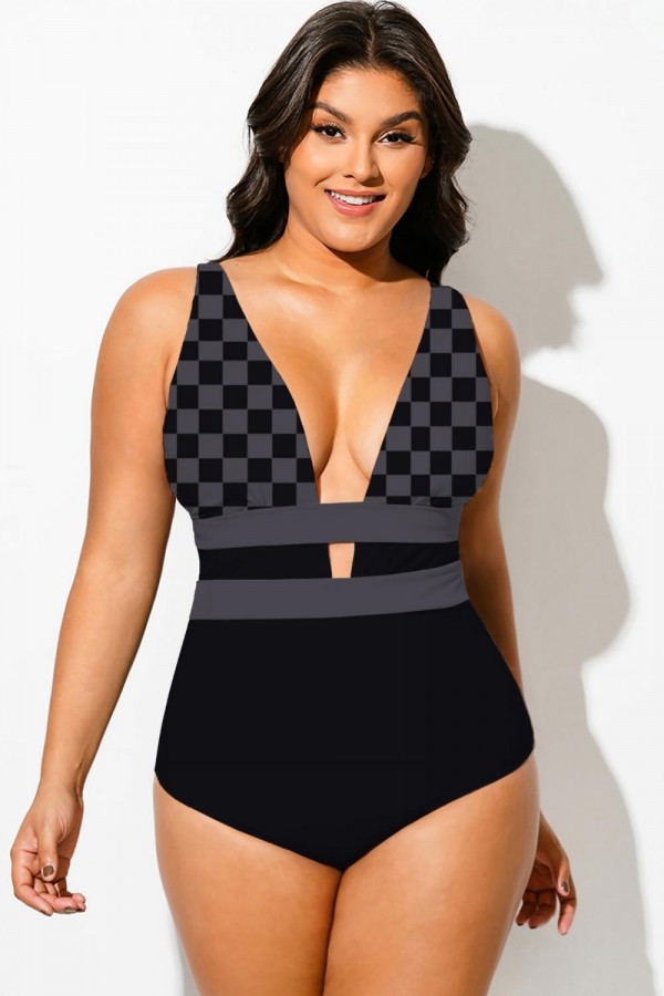Traje de baño de una pieza con escote en V y corte de cuadrados negros