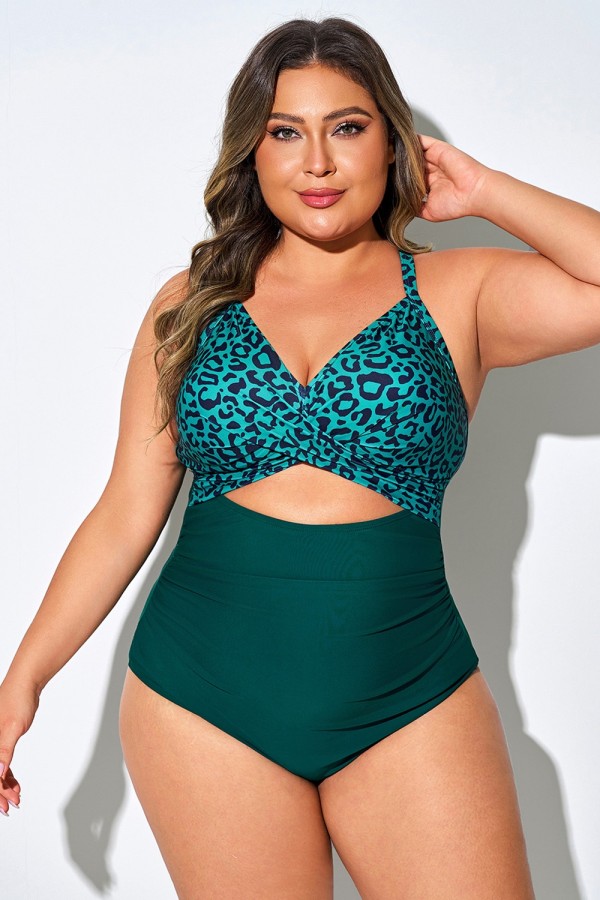 Traje De Baño De Una Pieza Con Estampado De Leopardo Verde Y Escote Cruzado