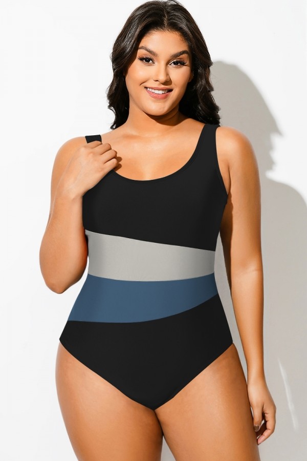 Traje de baño de una pieza con tres colores empalmados para mujer de talla grande