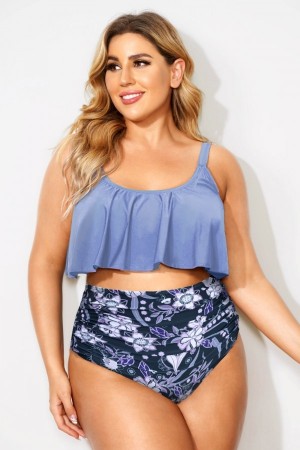 Top De Bikini Azul Claro Sólido Con Cuello Redondo