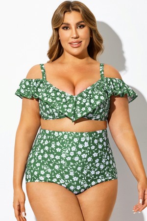 Top de bikini con aros y volantes con flores verdes para mujer
