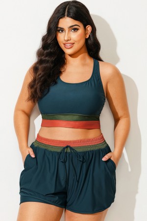 Top De Bikini De Talla Grande Cuello Redondo Con Diseño De Patchwork En Bloques De Colores