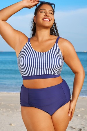 Top De Bikini A Rayas Azules Y Blancas Talla Grande