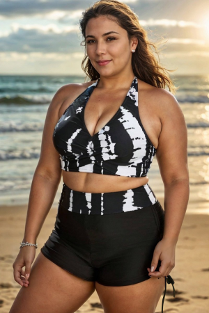 Top de bikini con bloques de color blanco y negro de talla grande