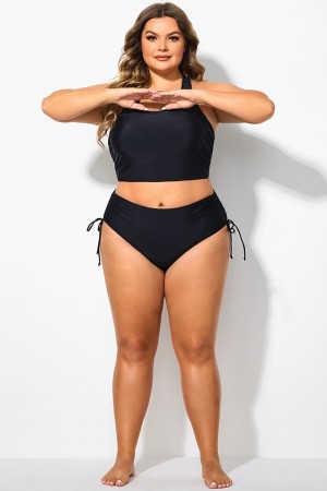 Braga de Bikini Negro Cintura Alta con Cordón Lateral