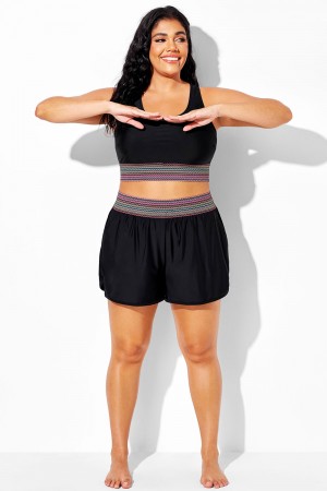 Pantalones cortos de talla grande, coloridos y negros, con bolsillos.