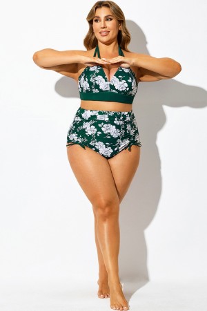 Braguita de bikini fruncida con cordón y estampado floral verde