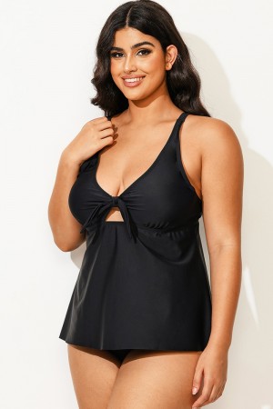 Top de Tankini Negro Sexy Aros Corbata Frontal