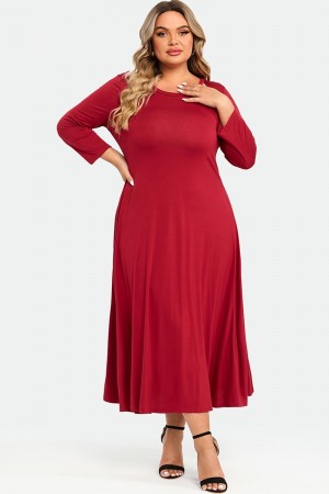 Vestido Rojo Largo Midi Maxi Cómoda con 3/4 Manga Llamarada A-línea