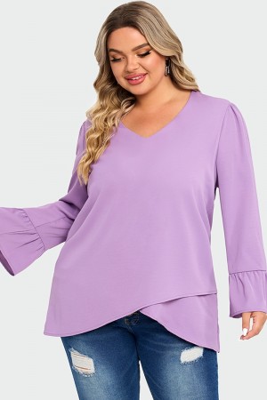 Blusa Violeta Asimétrica con Volantes y Dobladillo Cruzado