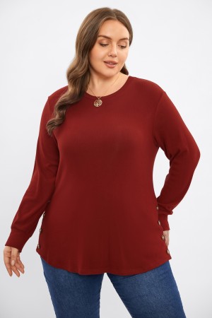 Túnica de Camiseta de Punto Casual con Cuello Redondo Burdeos