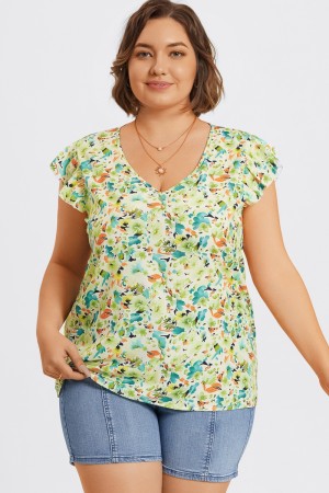 Blusa de Talla Grande Manga Mariposa con Floral Estampado