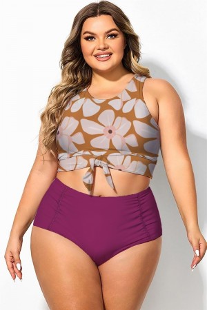 Top de bikini corto con estampado floral blanco de talla grande