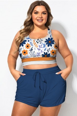 Top de bikini de patchwork con cuello redondo y estampado floral
