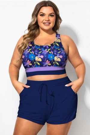 Top de bikini morado con cuello redondo y estampado floral de patchwork, talla grande