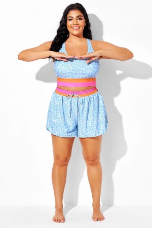 Pantalones Cortos De Cintura Media Con Estampado Floral Azul Para Mujer