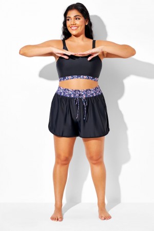 Pantalones Cortos Con Cordones Y Estampado Floral En Bloques De Color, Talla Grande