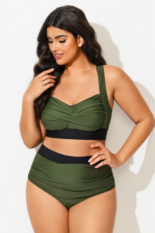 Top de Bikini Con Bloques de Color y Patchwork Con Parte Delantera Torcida