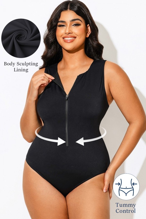Traje De Baño De Una Pieza Negro Modelador Con Cremallera Sin Mangas