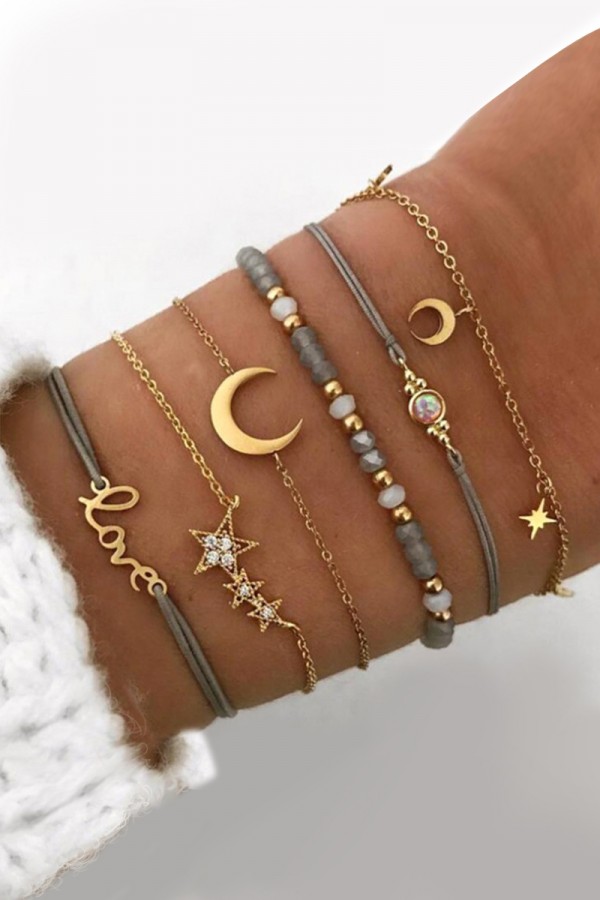 Conjunto De Pulsera Con Decoración De Estrellas Luna Oro Ceniza