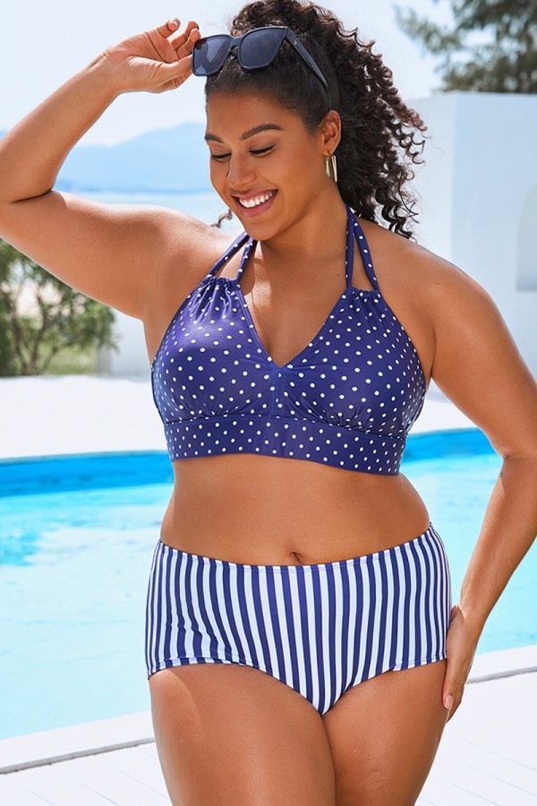 Top De Bikini Sexy Con Cuello Halter Y Estampado De Lunares Azules