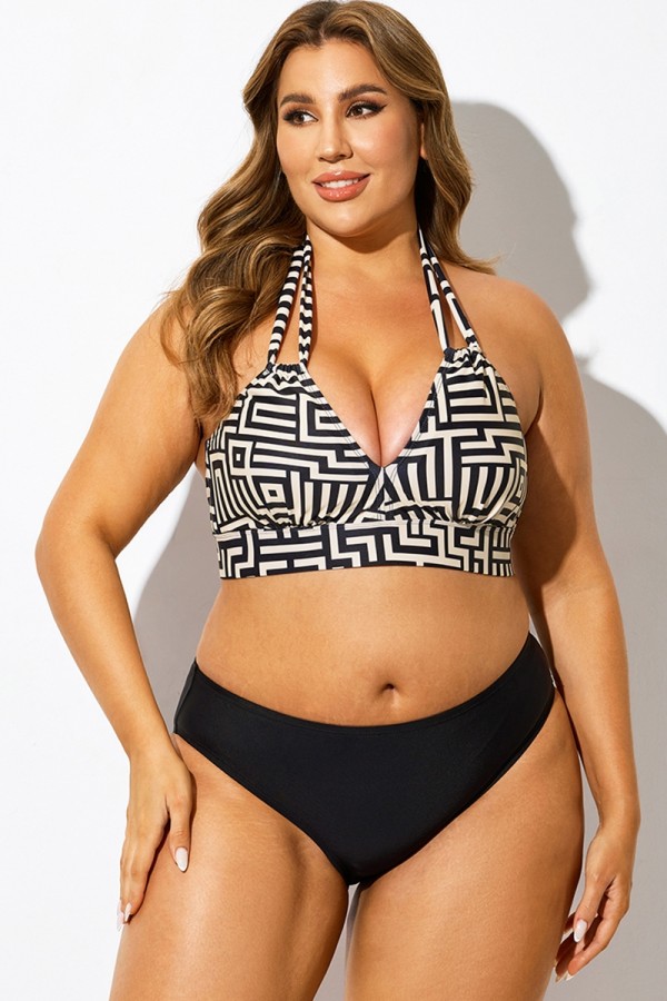 Top de bikini sexy con cuello en V y estampado aleatorio