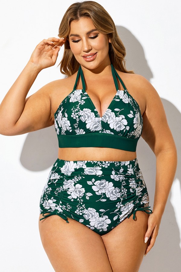 Top de bikini sexy con cuello en V y estampado floral verde