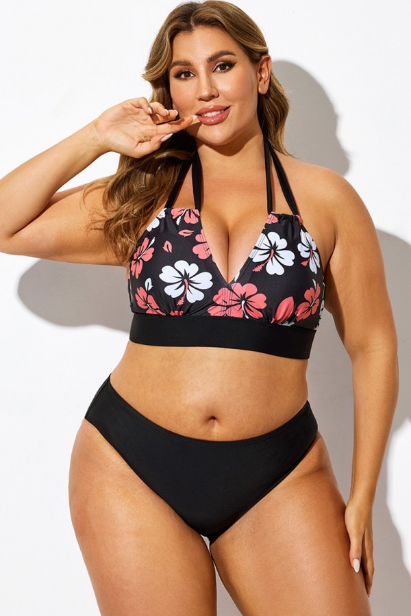 Top de bikini sexy con cuello halter y estampado floral negro