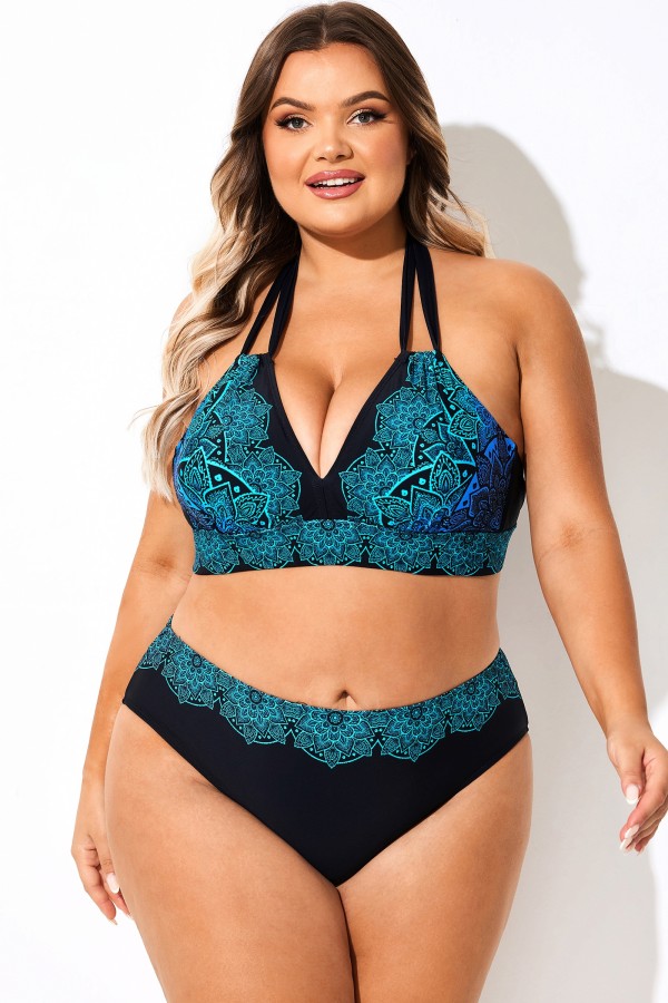 Top de bikini sexy con cuello halter y estampado de encaje ombré azul