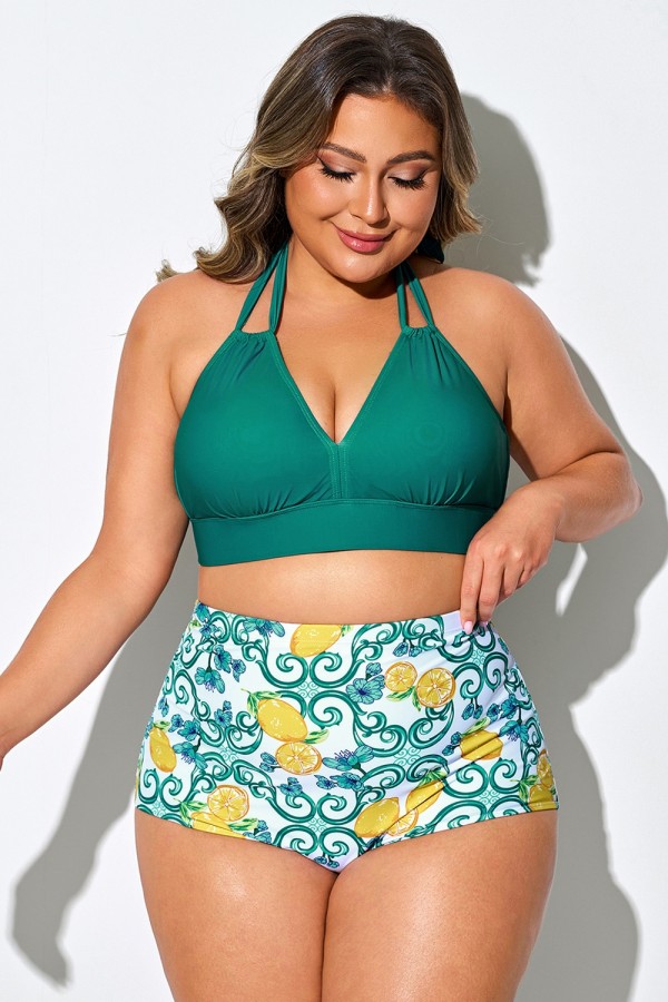 Top de bikini con cuello en V y lazo en color verde malaquita