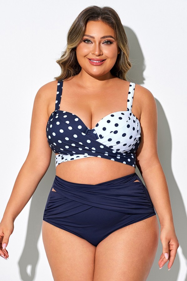 Top de bikini elegante para mujer con lunares blancos y azules