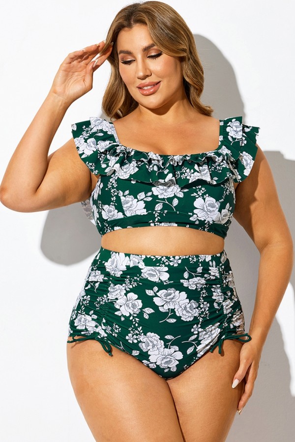 Top de bikini con volantes y cuello cuadrado con estampado de flores verdes