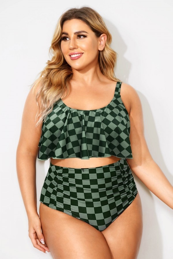 Top De Bikini Sexy Con Escote Redondo Y Cuadros Verdes