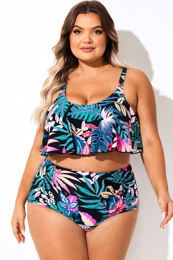 Top de bikini con volantes y cuello redondo con estampado tropical