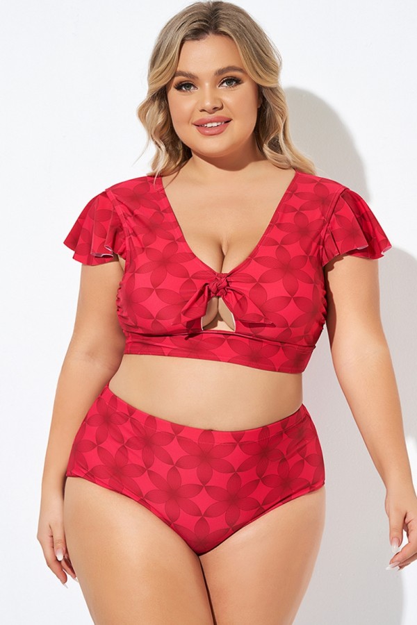 Top de Bikini Rojo con Estampado Geométrico Entretejido