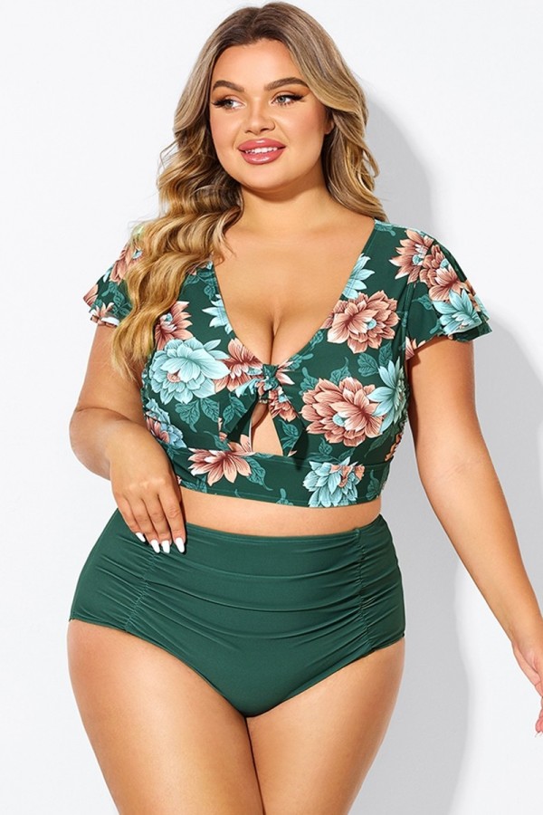 Top de Bikini Retro con Mangas y Floral Estampado para Mujer