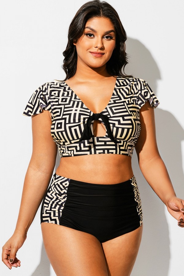 Top de Bikini Retro con Estampado Geométrico y Mangas Para Mujer