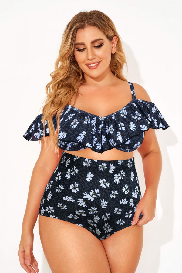 Top de bikini con aros y volantes florales negros para mujer