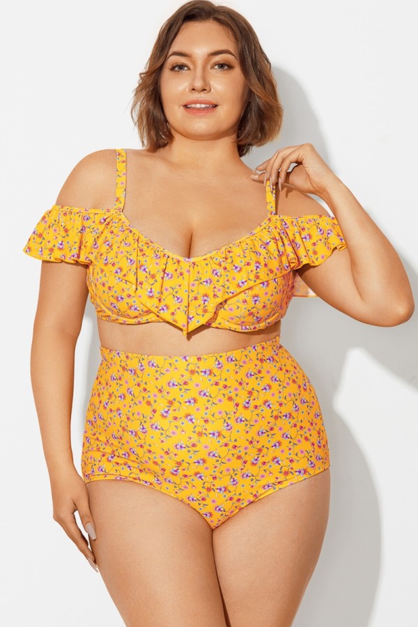 Top de Bikini Amarillo Floral con Aros Volantes para Mujer