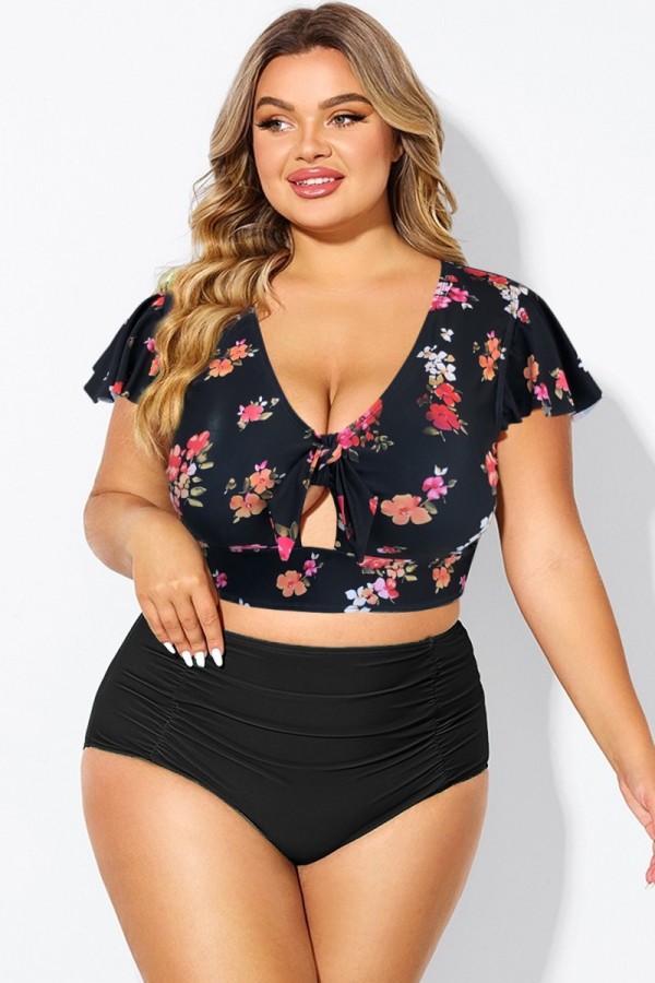 Top de bikini retro con estampado floral negro para mujer