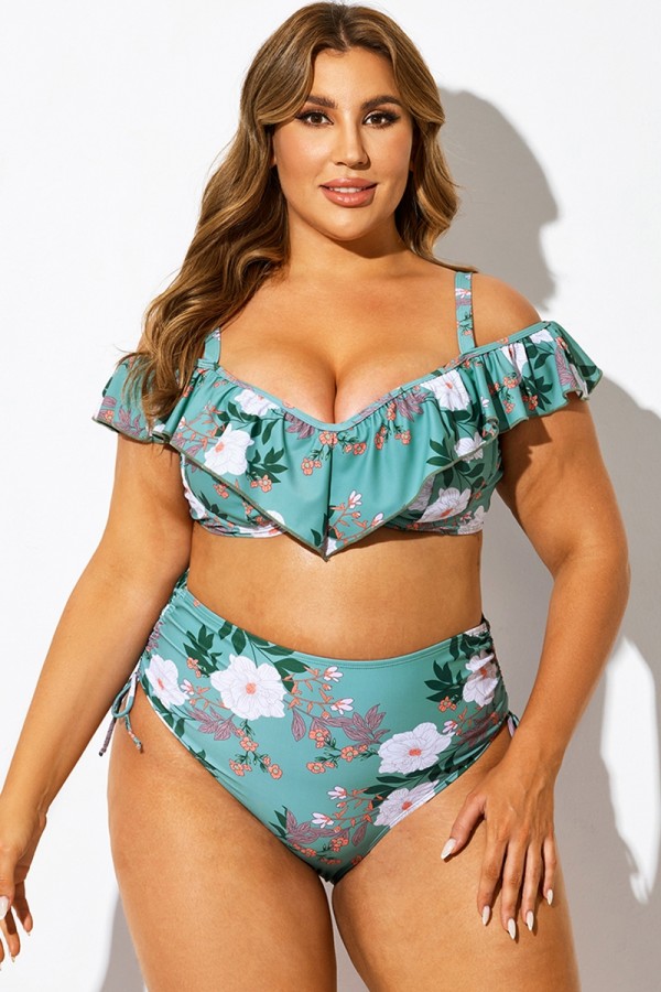 Top de bikini con aros y volantes con flores verdes para mujer