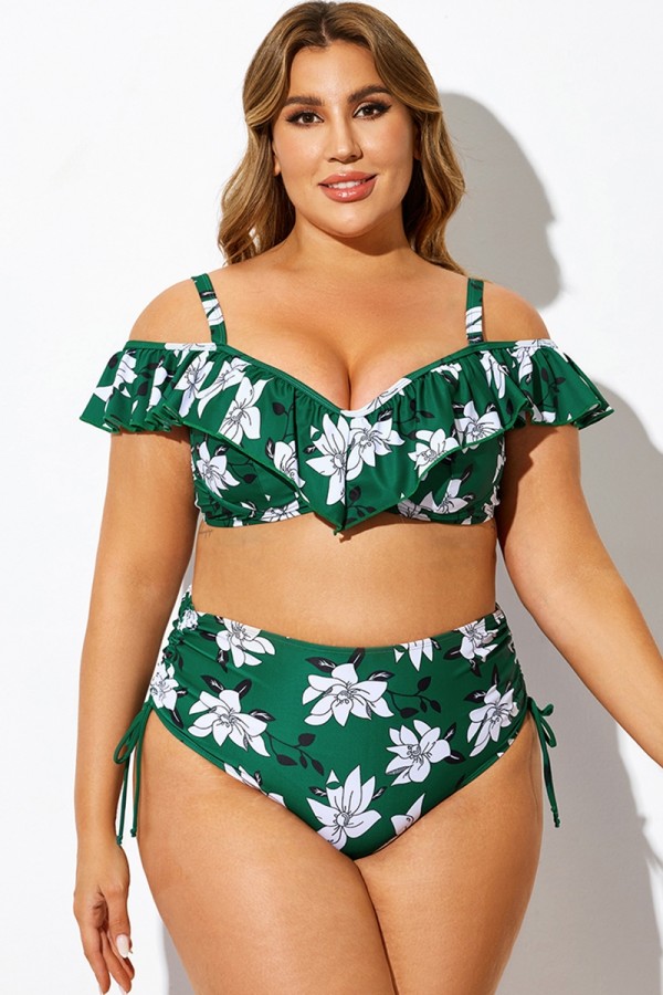 Top de bikini con aros y volantes con flores verdes para mujer