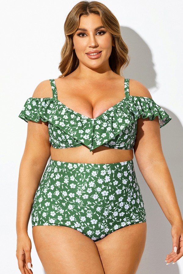 Top de bikini con aros y volantes con flores verdes para mujer