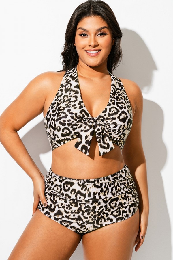 Top de Bikini con Estampado de Leopardo y Nudo en V