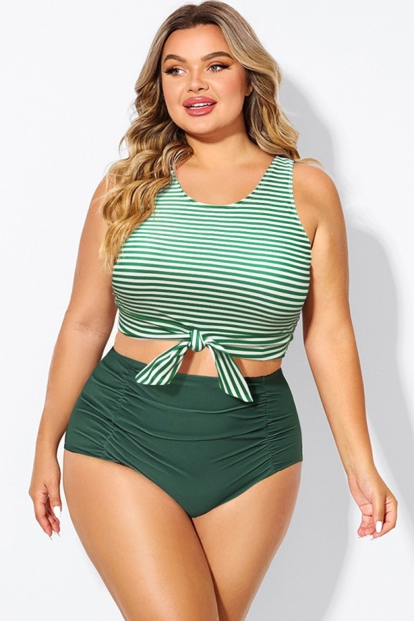 Top De Bikini De Talla Grande Corto Anudado Con Rayas Verdes