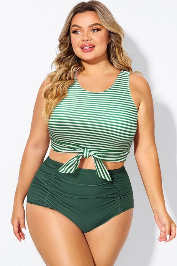 Top De Bikini De Talla Grande Corto Anudado Con Rayas Verdes