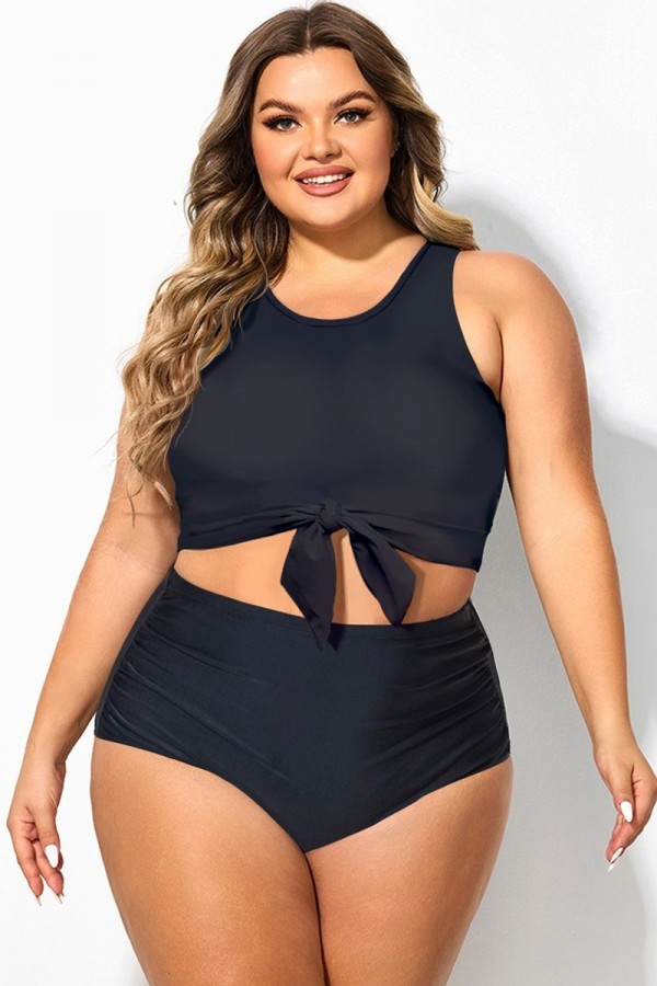 Top De Bikini Negro Anudado De Tallas Grandes