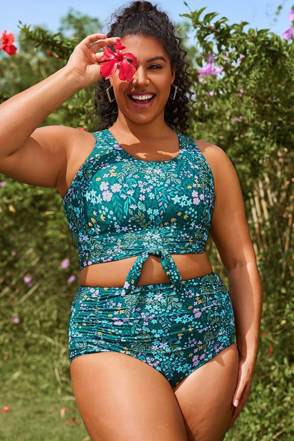 Top De Bikini Corto Anudado Con Estampado Floral De Cabaña