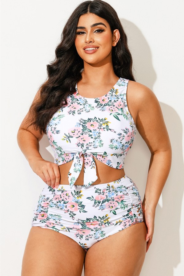 Top de bikini corto anudado con estampado floral de talla grande