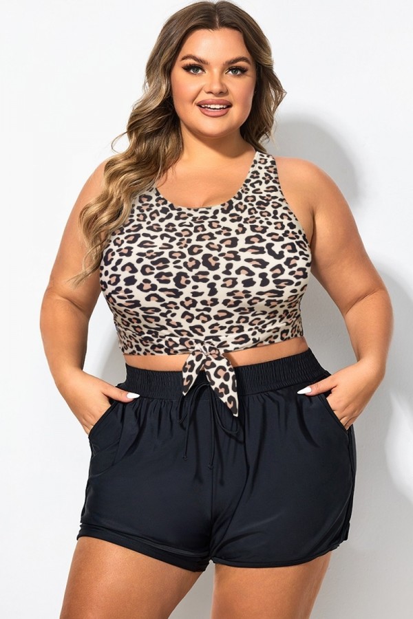 Top De Bikini De Talla Grande Corto Anudado Con Estampado De Leopardo